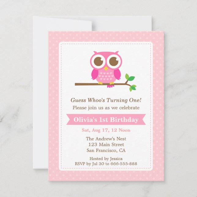 Invitación Pink Polka Dots Cute Owen Party Birthday (Anverso)