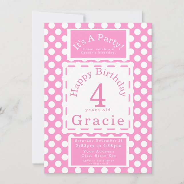 Invitación Pink Polka Dots Girls Birthday Party Personalizabl (Anverso)