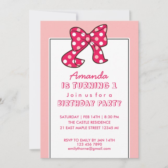 Invitación Pink Polka Dots Ribbon y Bow Birthday Invitation (Anverso)