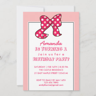 Invitación Pink Polka Dots Ribbon y Bow Birthday Invitation