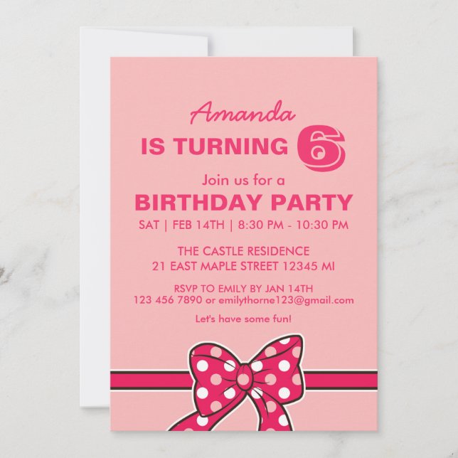 Invitación Pink Polka Dots Ribbon y Bow Birthday Invitation (Anverso)