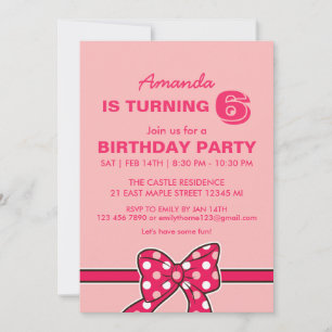 Invitación Pink Polka Dots Ribbon y Bow Birthday Invitation