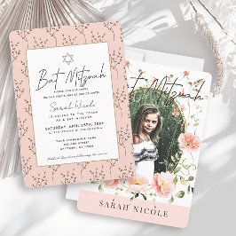 Invitación Pink Poppy Floral Photo Bat Mitzvah