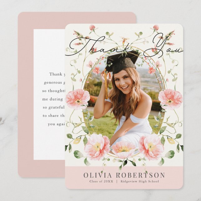 Invitación Pink Poppy Floral Photo Graduation Thank You Card (Anverso / Reverso)