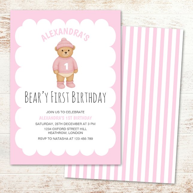Invitación Pink Preppy Bear Beary First Birthday Invitation (Subido por el creador)