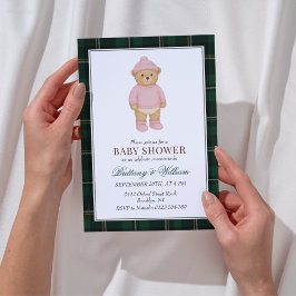 Invitación Pink Preppy Bear Designer Plaid Baby Shower