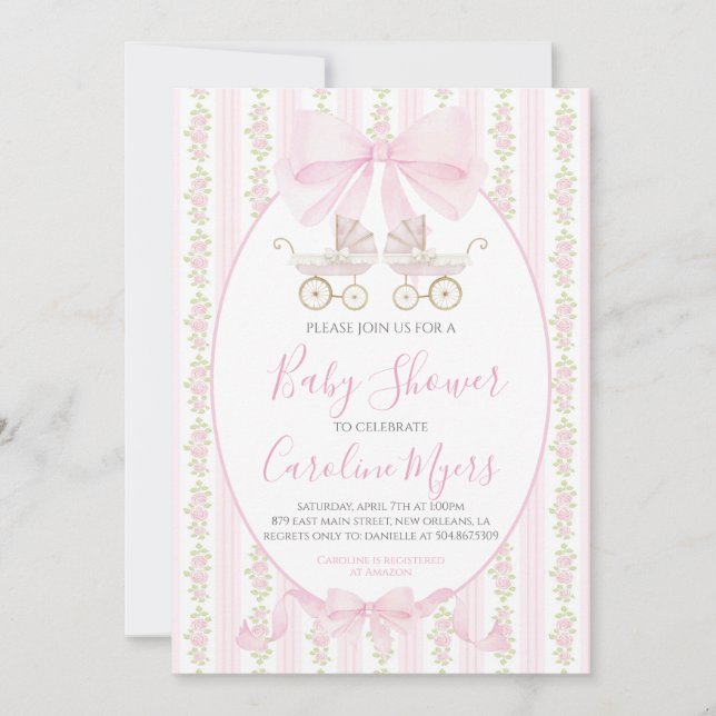 Invitación Pink Preppy Floral Coquette Bebé Carrito (Anverso)
