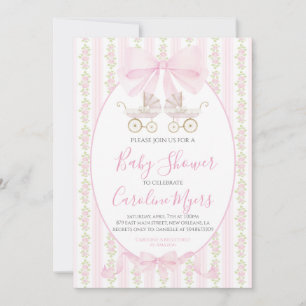 Invitación Pink Preppy Floral Coquette Bebé Carrito