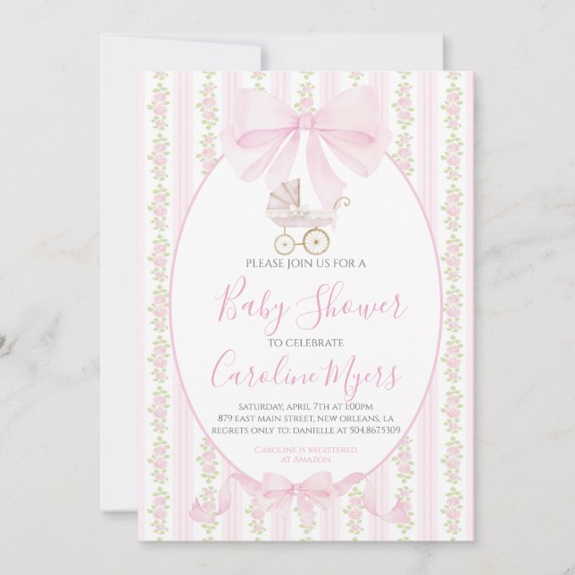 Invitación Pink Preppy Floral Coquette Bebé Carrito (Anverso)