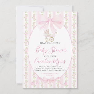 Invitación Pink Preppy Floral Coquette Bebé Carrito