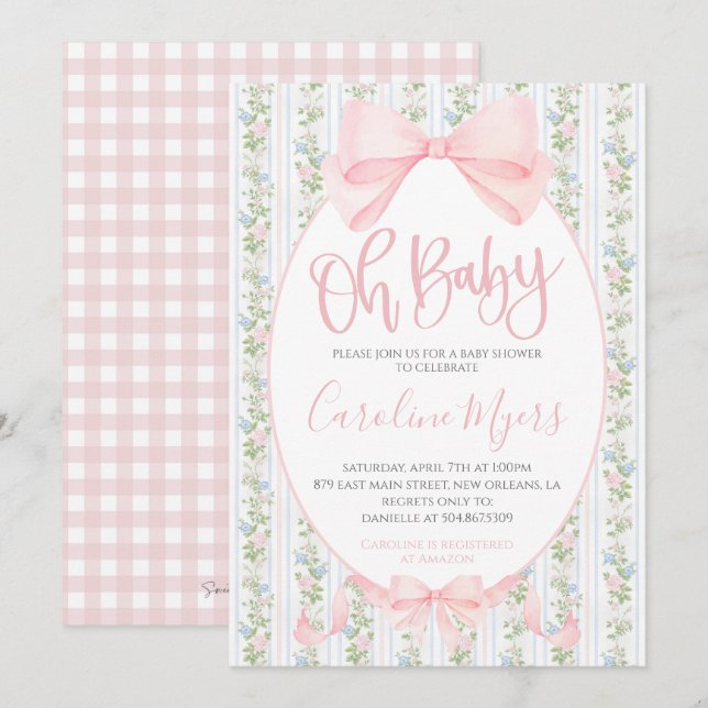 Invitación Pink Preppy Floral Coquette Bow Baby Girl (Anverso / Reverso)