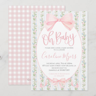 Invitación Pink Preppy Floral Coquette Bow Baby Girl