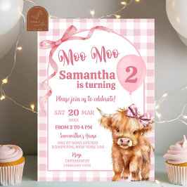 Invitación Pink Preppy Gingham Cow Chica Segundo Cumpleaños