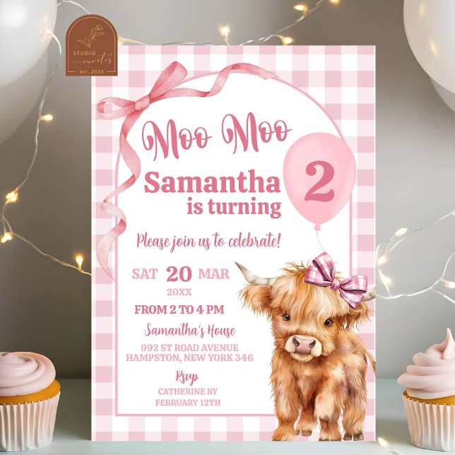 Invitación Pink Preppy Gingham Cow Chica Segundo Cumpleaños (Subido por el creador)