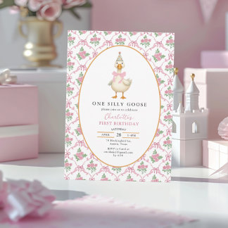 Invitación Pink Preppy One Silly Goose Bow 1st Birthday