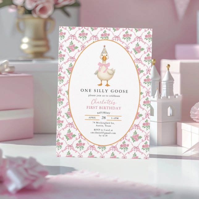 Invitación Pink Preppy One Silly Goose Bow 1st Birthday (Subido por el creador)