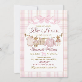 Invitación Pink Preppy Teddy Bear Girl Baby Shower Plaid Bow