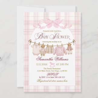 Invitación Pink Preppy Teddy Bear Girl Baby Shower Plaid Bow