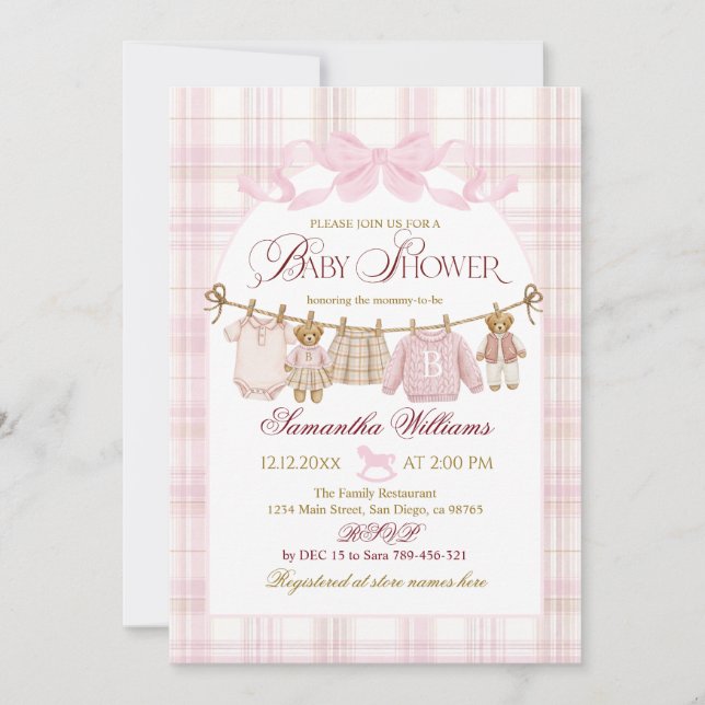 Invitación Pink Preppy Teddy Bear Girl Baby Shower Plaid Bow (Anverso)