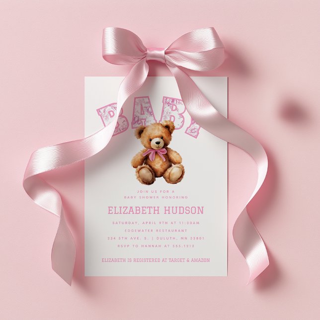 Invitación Pink Preppy Varsity Teddy Bear Baby Shower (Pink Preppy Varsity Teddy Bear Baby Shower Invitation)