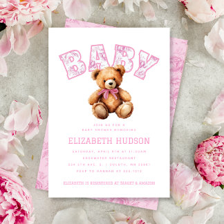 Invitación Pink Preppy Varsity Teddy Bear Baby Shower