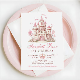 Invitación Pink Princess Castle Floral 1st Birthday Party