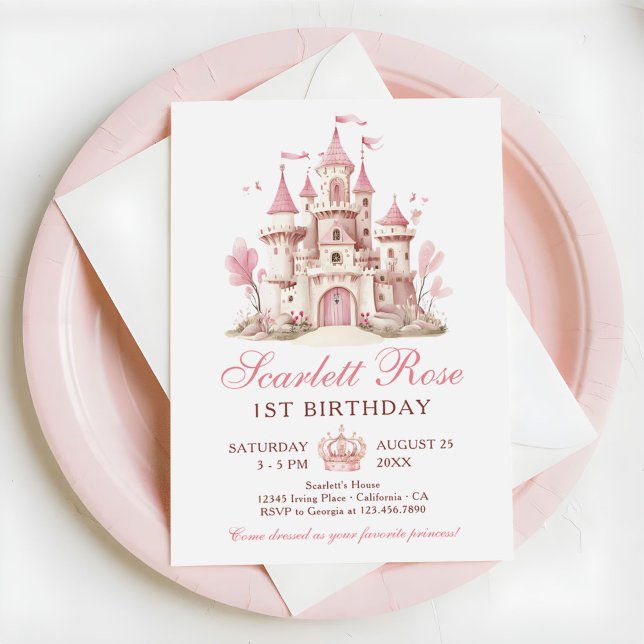 Invitación Pink Princess Castle Floral 1st Birthday Party (Subido por el creador)