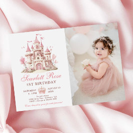 Invitación Pink Princess Castle Floral 1st Birthday Photo