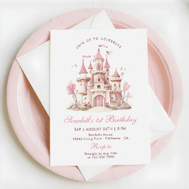 Invitación Pink Princess Castle Floral Girl's Birthday Party