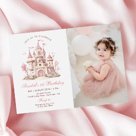 Invitación Pink Princess Castle Floral Girl's Birthday Photo
