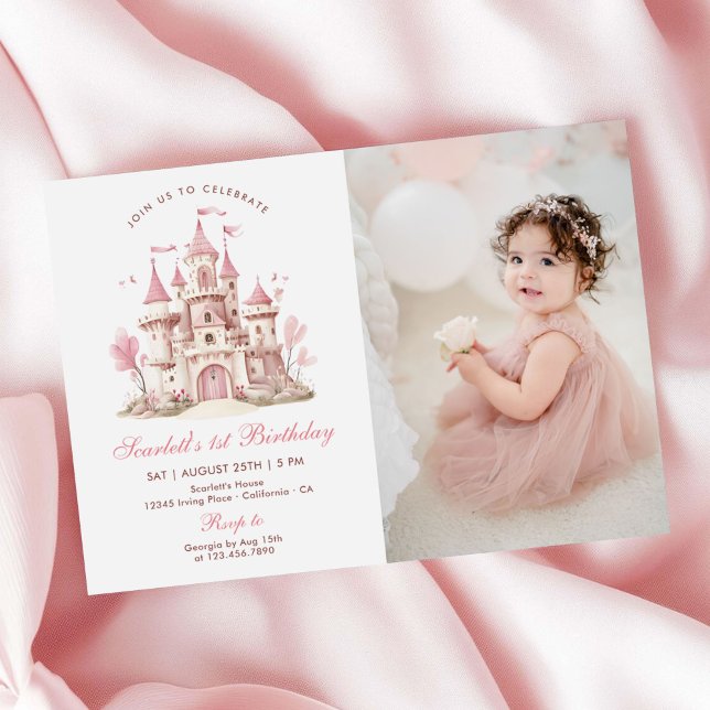 Invitación Pink Princess Castle Floral Girl's Birthday Photo (Subido por el creador)