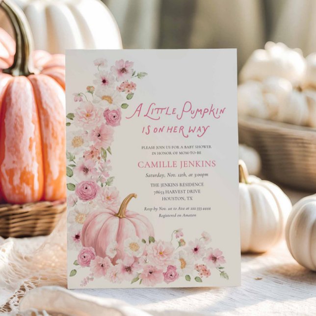 Invitación Pink Pumpkin Floral Girl Baby Shower (Pink Pumpkin Fall baby shower invitation)