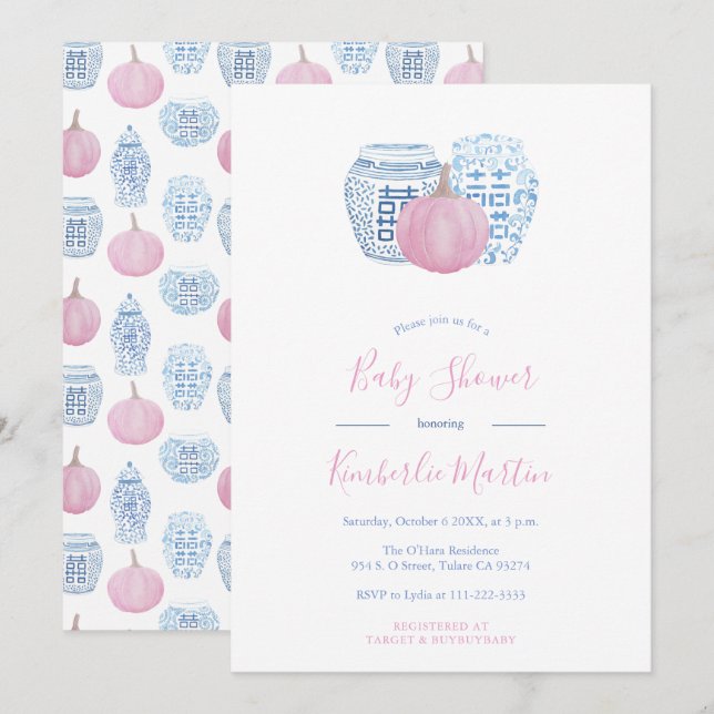 Invitación Pink Pumpkins Preppy Little Girl Baby Shower (Anverso / Reverso)