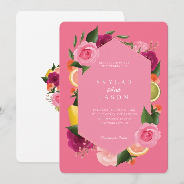 Invitación Pink Punch Watercolor Fruity Citrus Floral Pink (Anverso / Reverso)