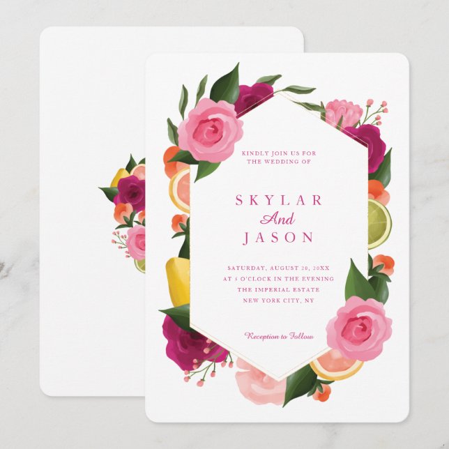 Invitación Pink Punch Watercolor Fruity Citrus Floral White (Anverso / Reverso)