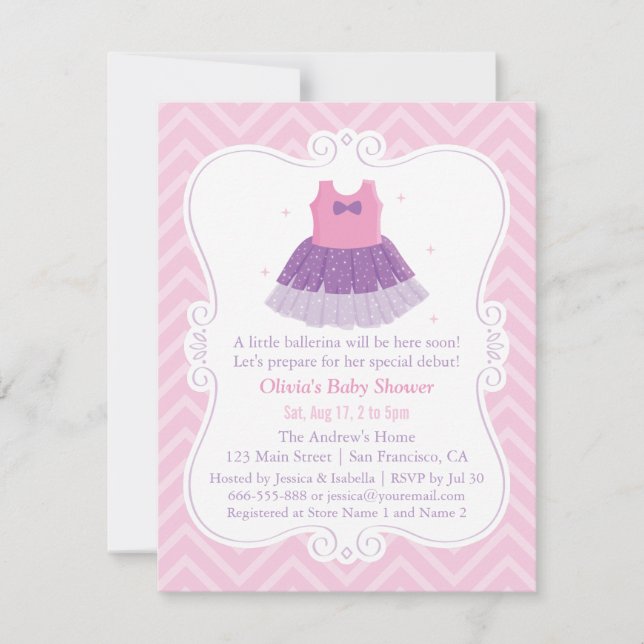 Invitación Pink Purple Ballerina Tutu Dress Chica Baby Shower (Anverso)