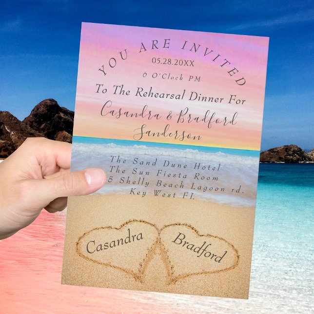 Invitación Pink Purple Beach 2 Hearts Sand Rehearsal Dinner (Subido por el creador)