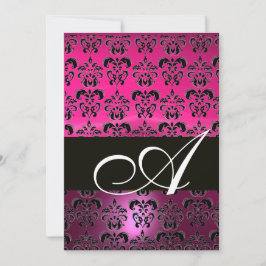 Invitación PINK PURPLE BLACK DAMASKE MONOGRAM, fuchsia blanca