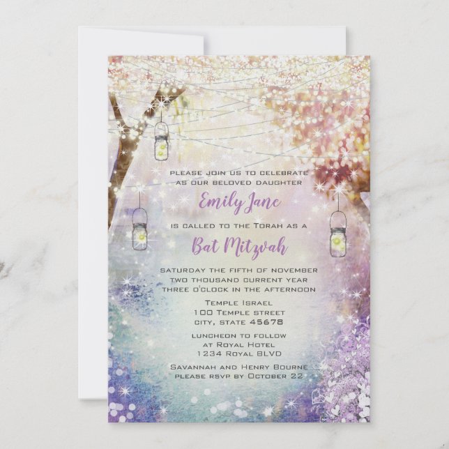 Invitación Pink Purple Blue Fairy Lights Boho Forest (Anverso)