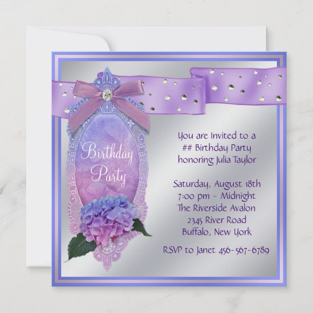 Invitación Pink Purple Blue Hydrangea Birday Party (Anverso)