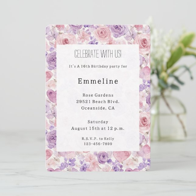 Invitación Pink Purple Blush Flowers Hearts Birthday (Anverso de pie)
