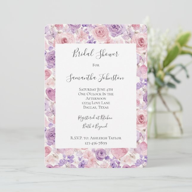 Invitación Pink Purple Blush Flowers Hearts Bridal Shower (Anverso de pie)
