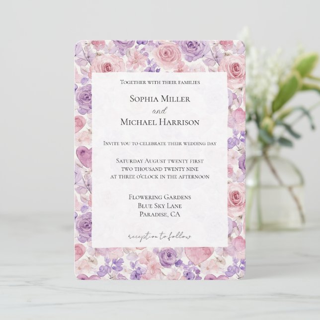 Invitación Pink Purple Blush Flowers Hearts Wedding (Anverso de pie)