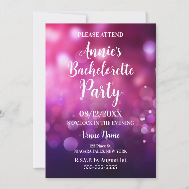 Invitación Pink Purple Bokeh Bachelorette Party (Anverso)