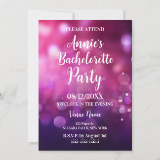 Invitación Pink Purple Bokeh Bachelorette Party