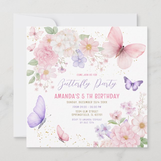 Invitación Pink Purple Butterflies Girl 5th Birthday Party (Anverso)