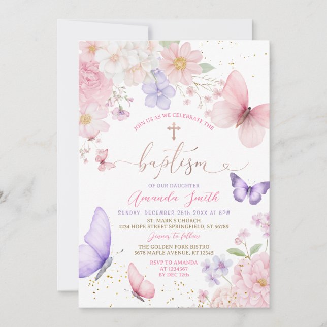 Invitación Pink & Purple Butterflies Girl Watercolor Baptism (Anverso)