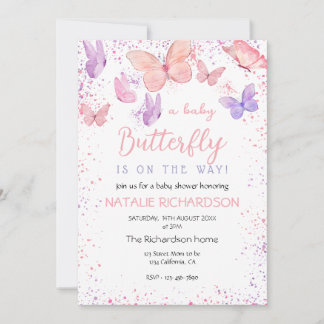 Invitación Pink Purple Butterfly Baby Shower 