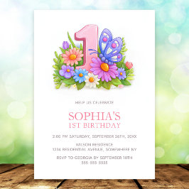 Invitación Pink Purple Butterfly Floral 1st Birthday Party