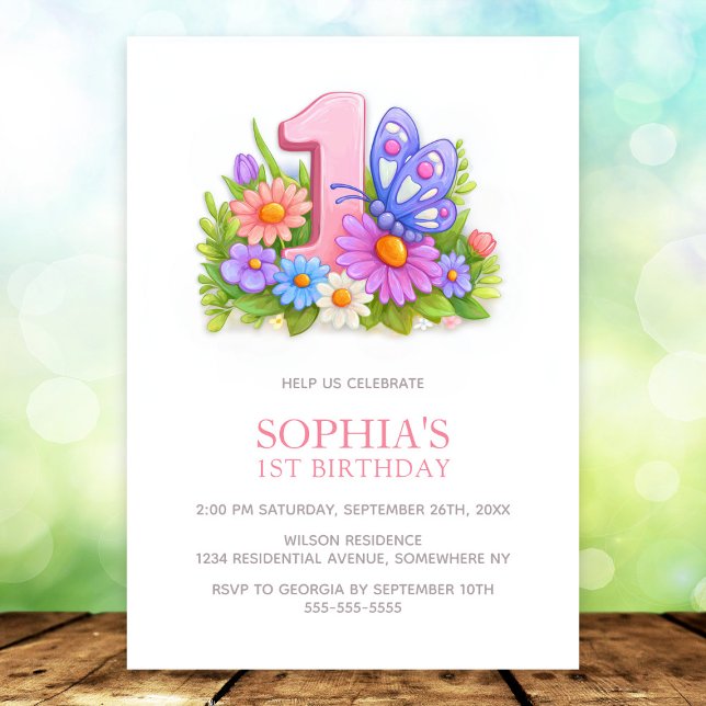 Invitación Pink Purple Butterfly Floral 1st Birthday Party (Subido por el creador)
